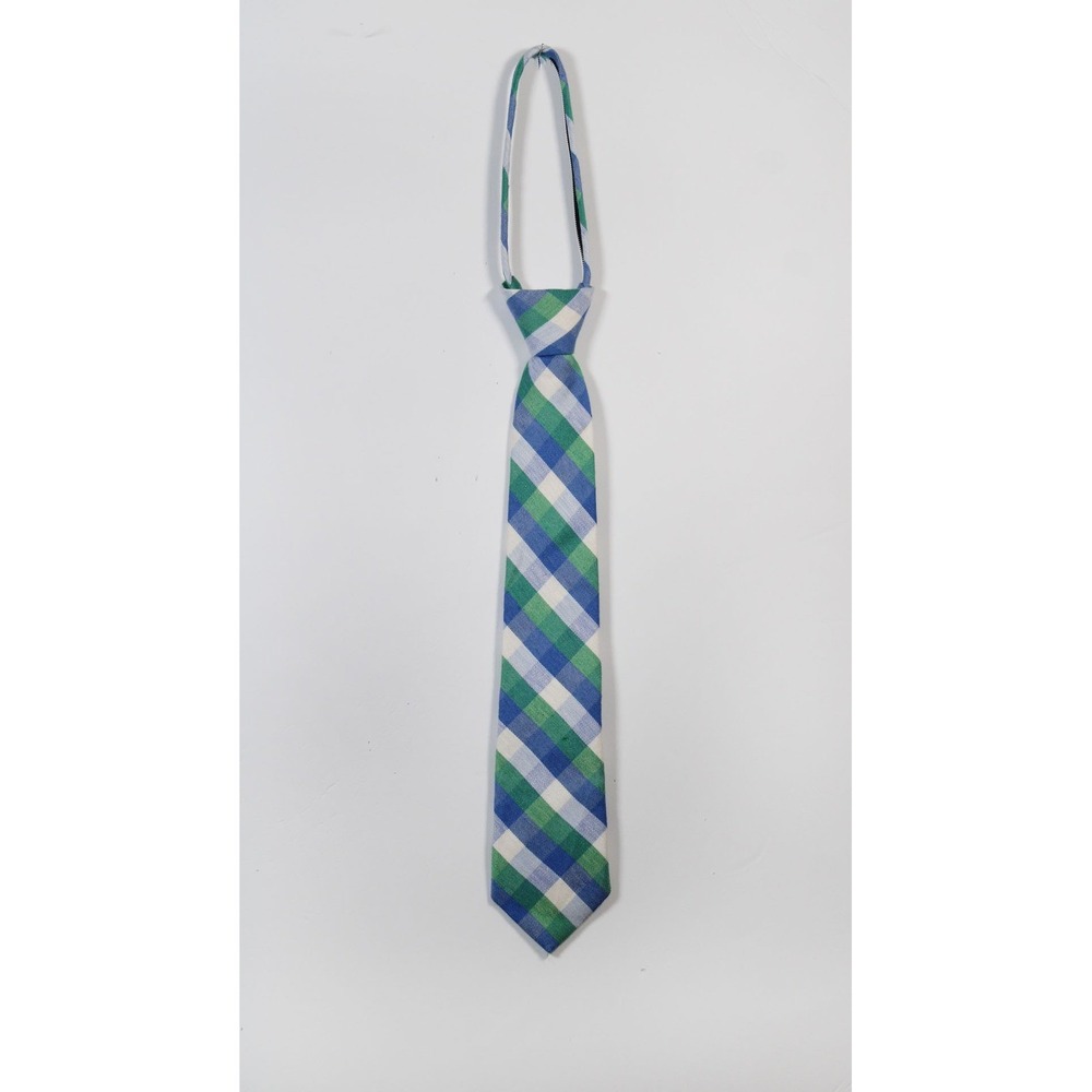 Lord & Taylor Boys Zipper Necktie Blue Green White Plaid 14 Inch Pre-Tied Tie